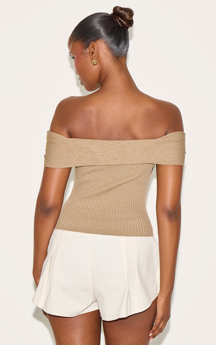 Taupe Rib Knit Twist Bardot Button Through Top image 2