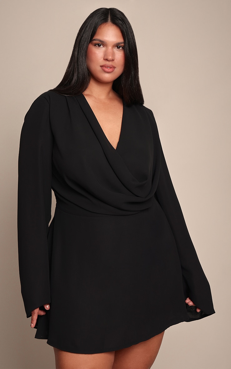 Plus Black Chiffon Cowl Neck Flute Sleeve Shift Dress image 1
