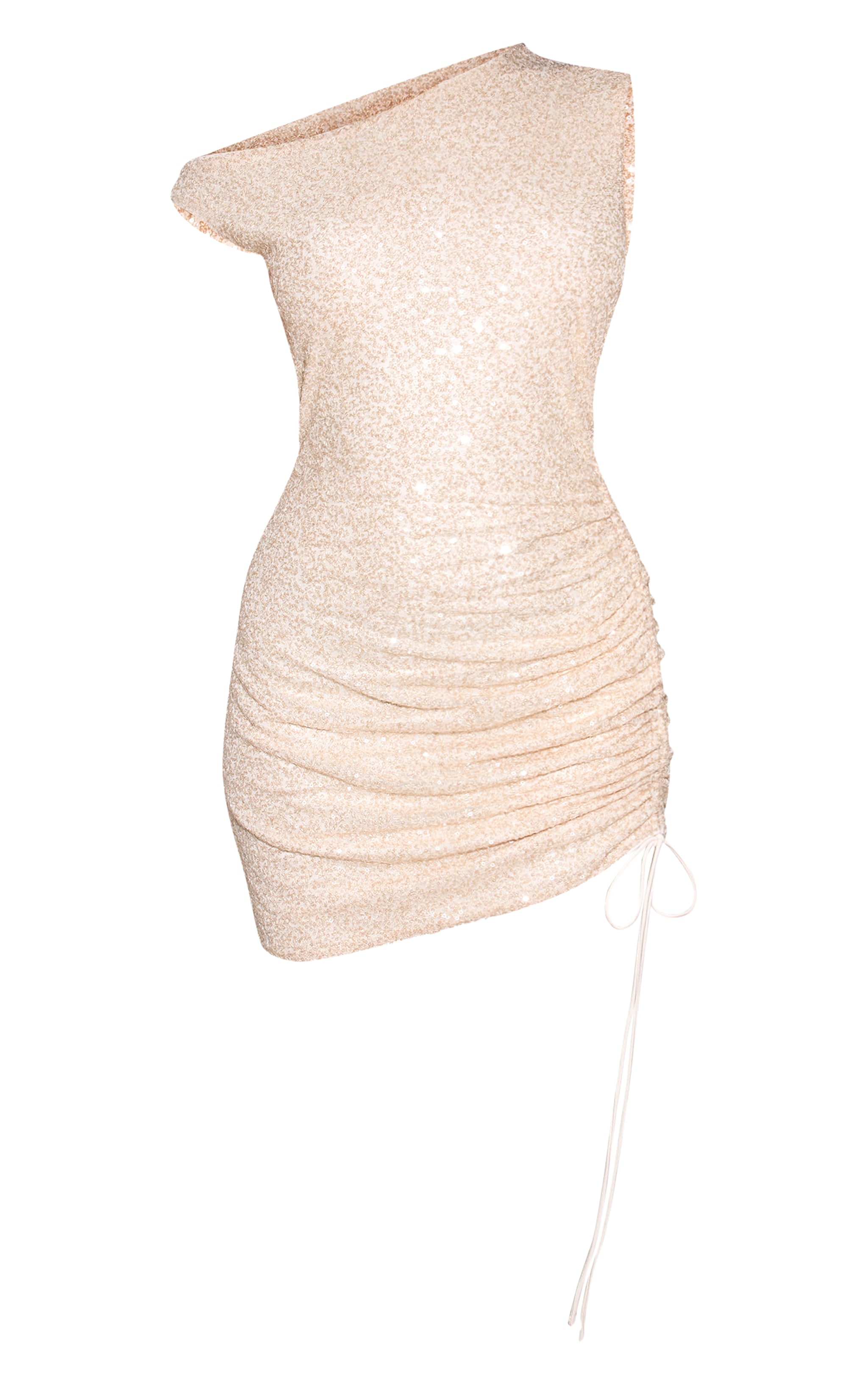 Cream Sequin One Shoulder Ruched Mini Dress image 5