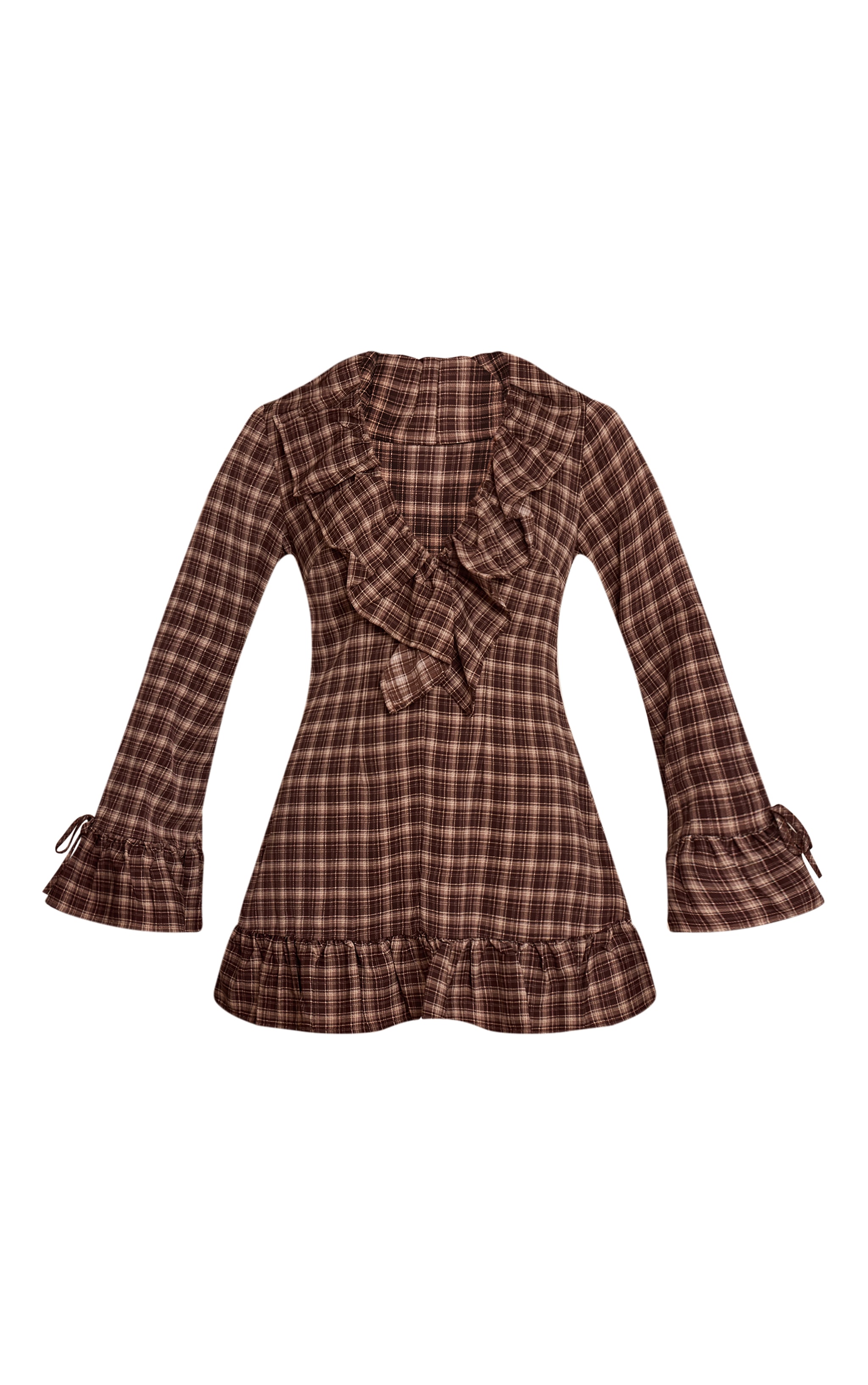 Brown Check Frill Long Sleeve Shift Mini Dress image 5