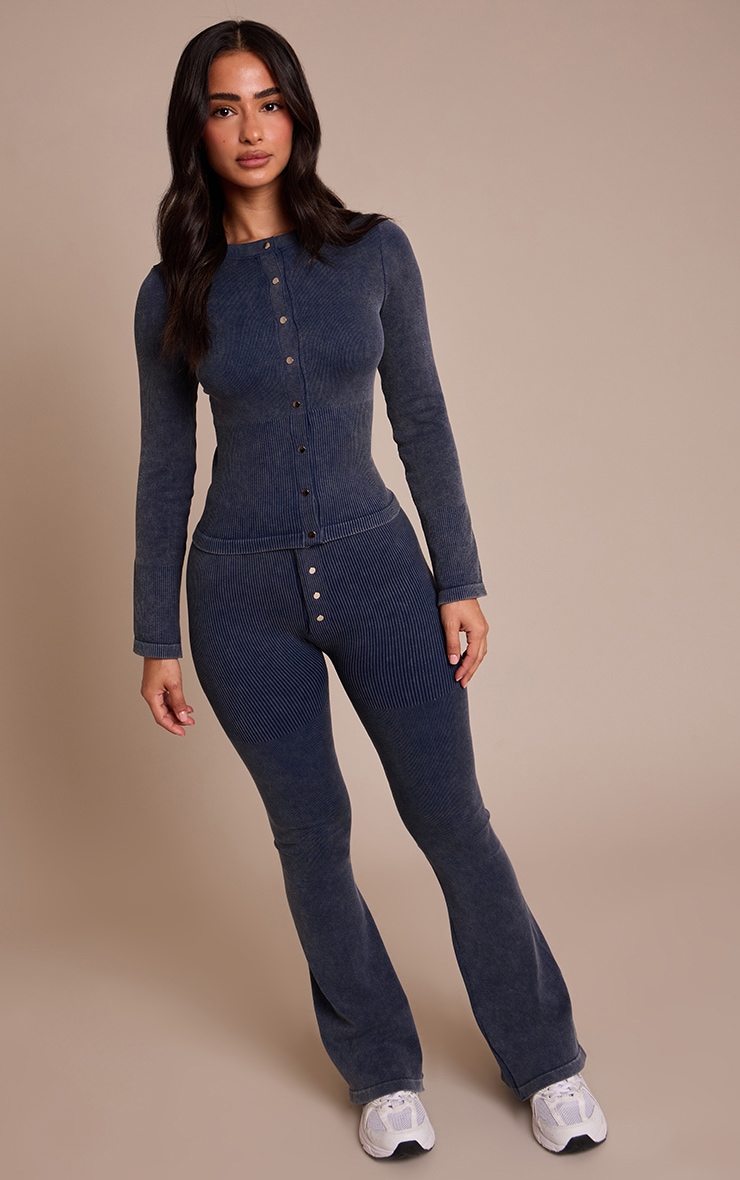 Petite Deep Navy Contour Rib Button Detail Flare Leggings image 1