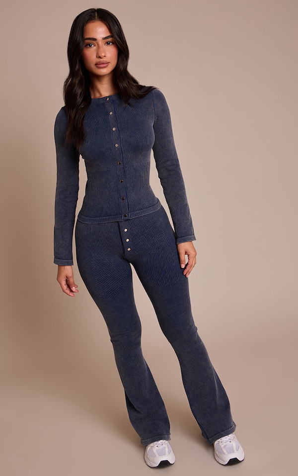 Petite Deep Navy Contour Rib Button Detail Flare Leggings