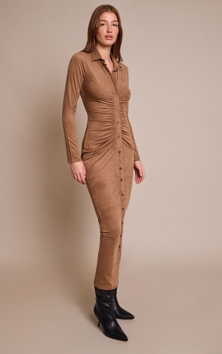 Chocolate Faux Suede Long Sleeve Ruched Button up Maxi Dress image 3
