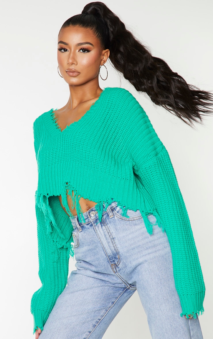 Green Fringe Hem Knitted Jumper