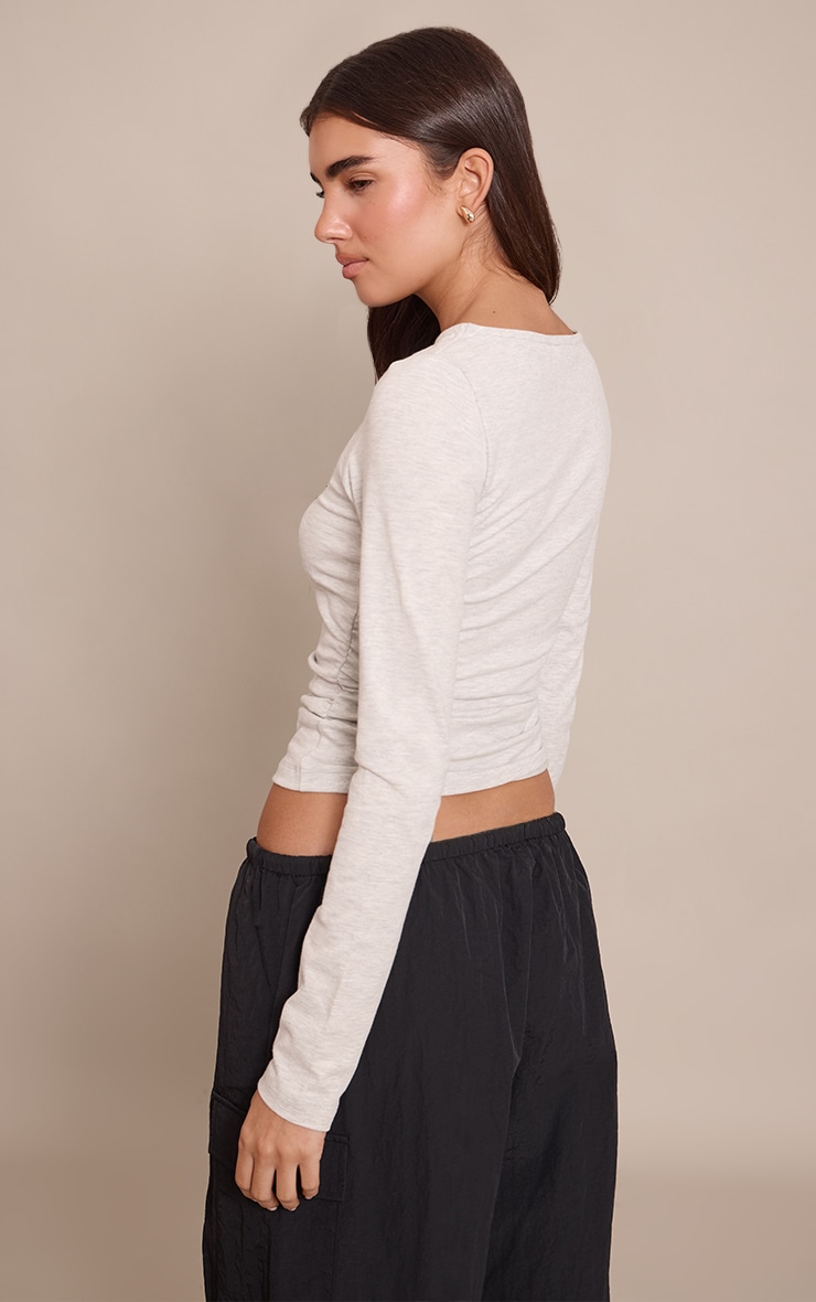 Grey Marl Soft Cotton Ruched Side Long Sleeve Top image 2