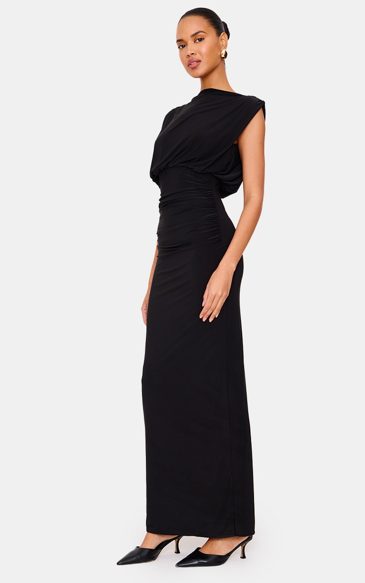Black Double Layered Slinky Ruched Fold Over Maxi Dress image 3