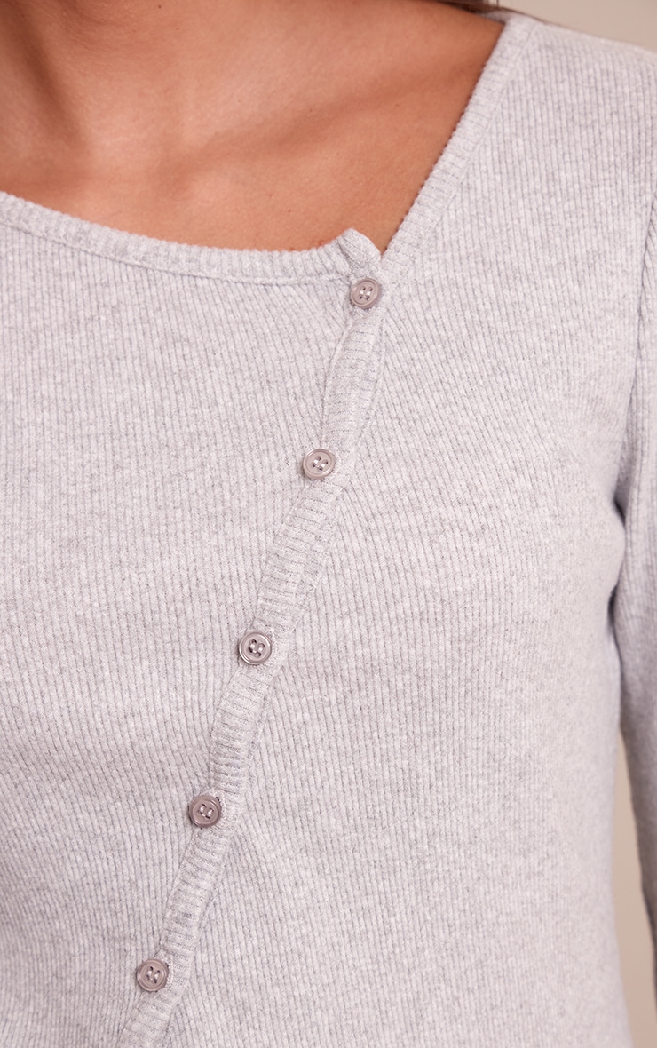 Grey Marl  Heavy Brushed Rib Asymmetric Button Long Top image 4