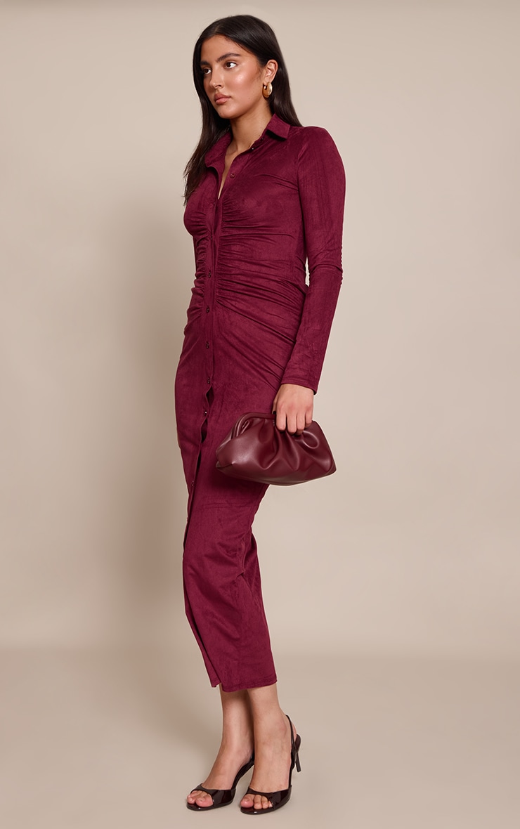 Wine Faux Suede Long Sleeve Ruched Button up Maxi Dress image 3