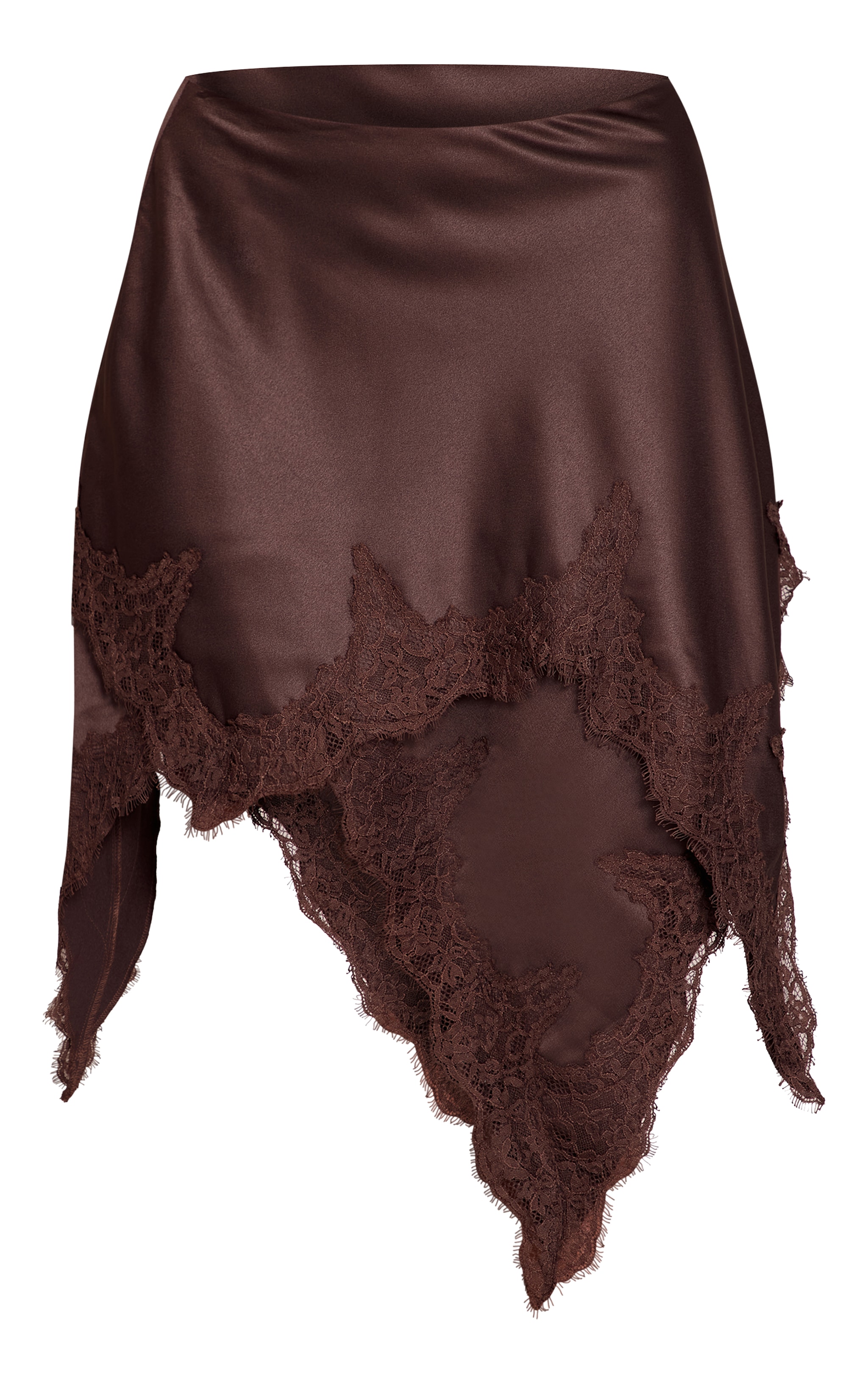 Chocolate Satin Lace Asymmetric Hanky Hem Skirt image 5