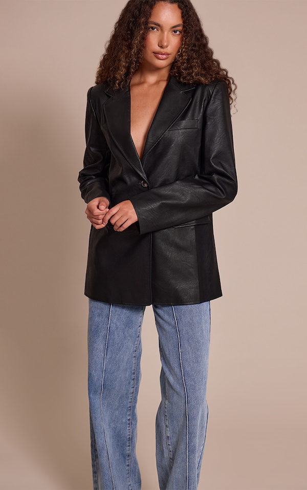 Tall Washed Black Textured Faux Leather Blazer