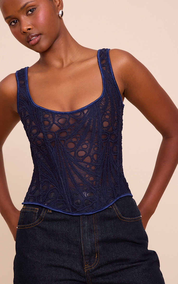 Navy Textured Sheer Floral Square Neck Corset image 4