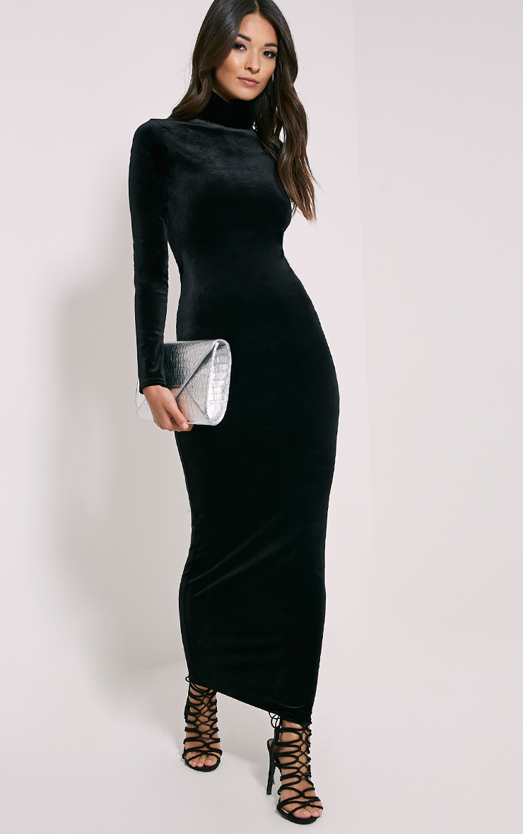 Cindy Black Turtle Neck Velvet Maxi Dress PrettyLittleThing