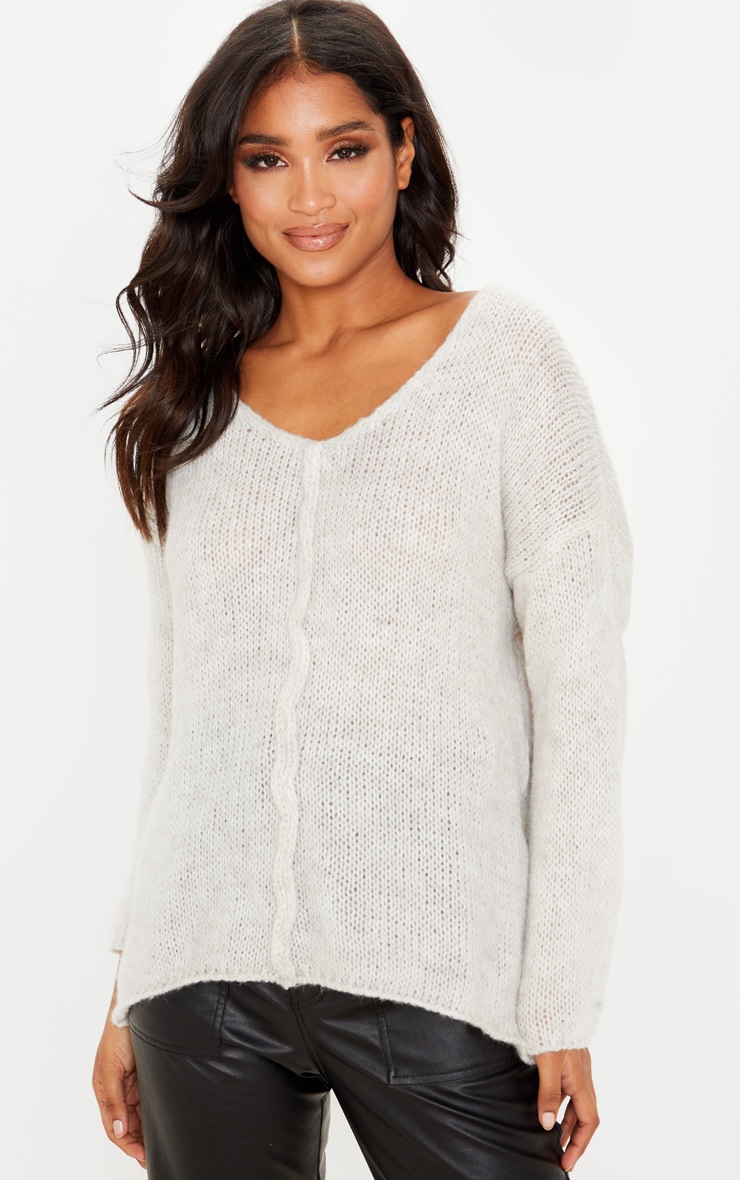 Stone Seam Front V Neck Jumper