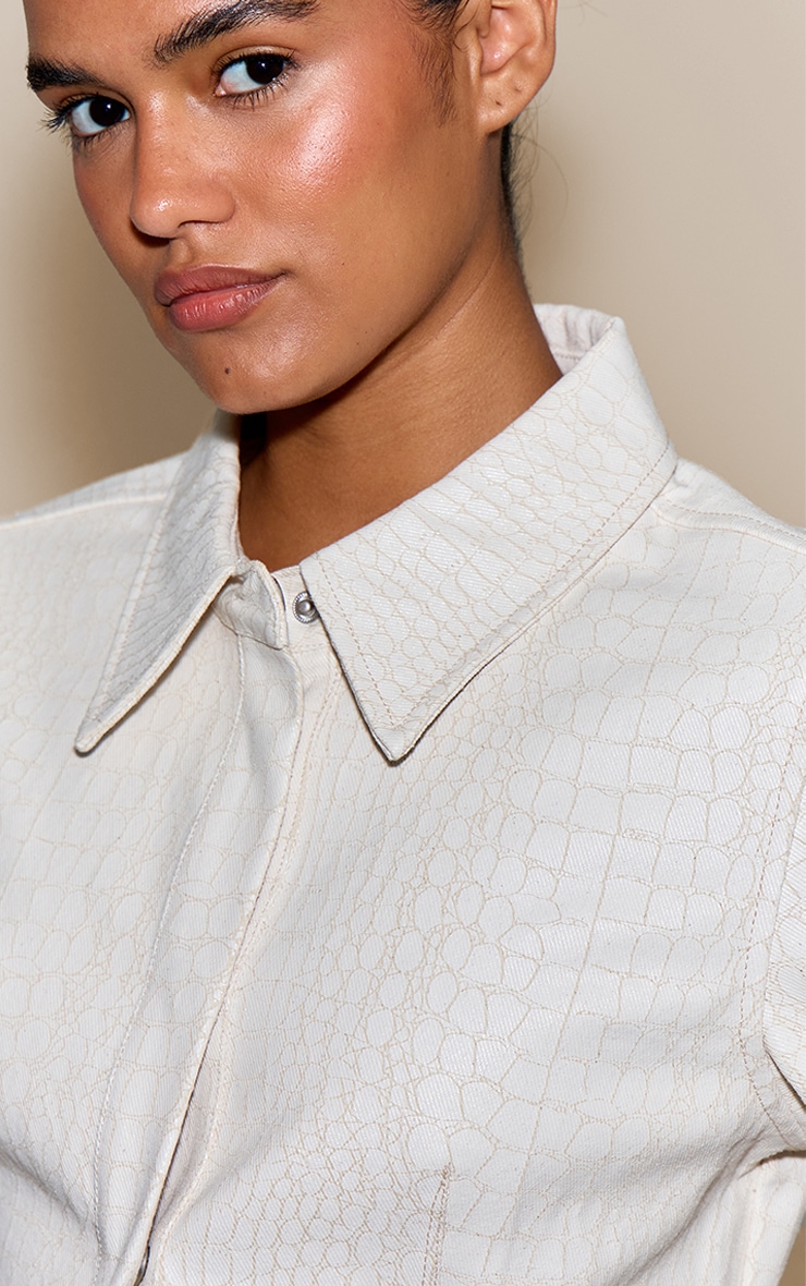 Cream Snake Print Coated Cinched Denim Shirt image 4