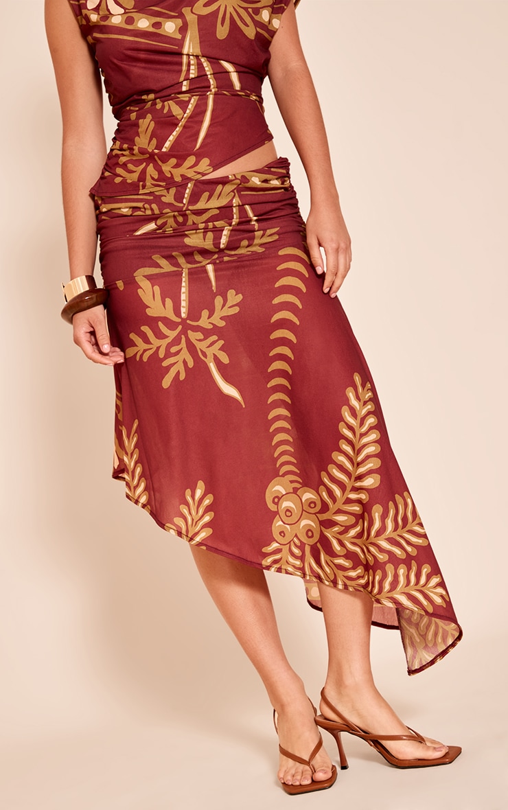 Rust Palm Print Chiffon Asymmetric Midi Skirt image 2