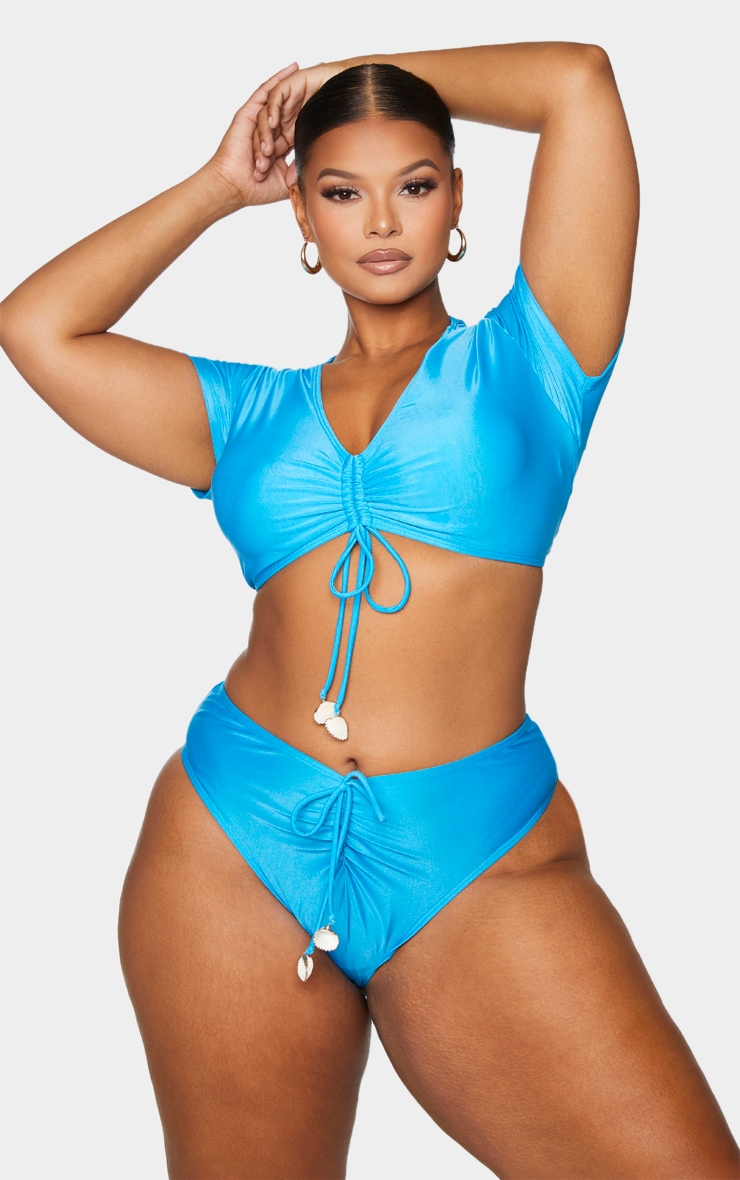 Plus Blue Ruched Shell Trim T-Shirt Bikini Top