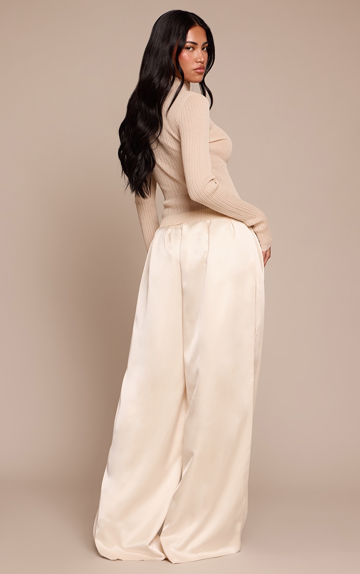 Cream Satin Pleated Wide Leg Pants image 3