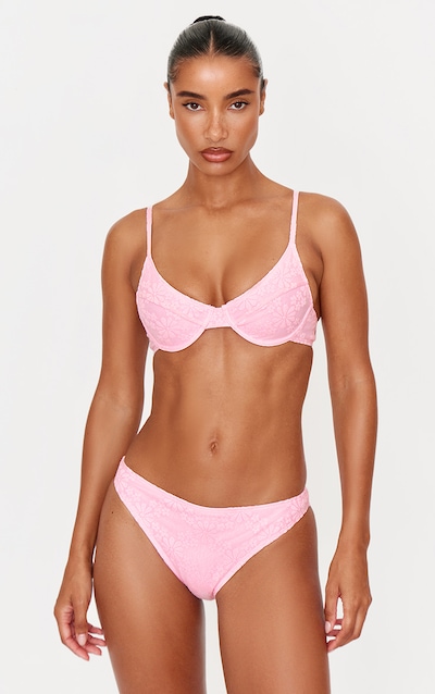 Pink Textured Floral Underwired Bikini Top