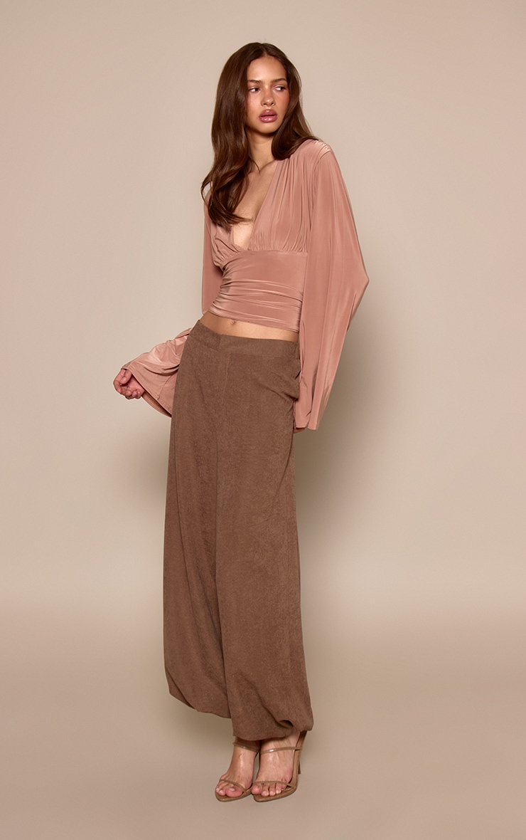  Taupe Double Layer Slinky Drape Plunge Long Sleeve Long Top  image 3