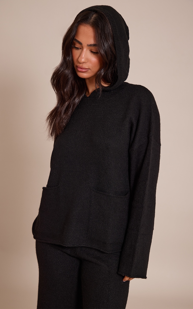 Petite Black Luxe Knit Pocket Hooded Jumper image 4