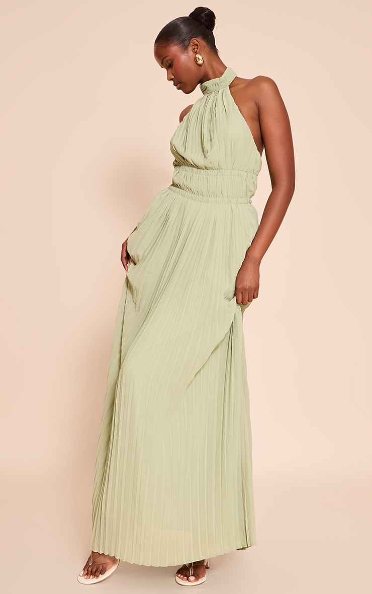 Sage Extreme Pleated High Neck Sleeveless Maxi Dress image 3