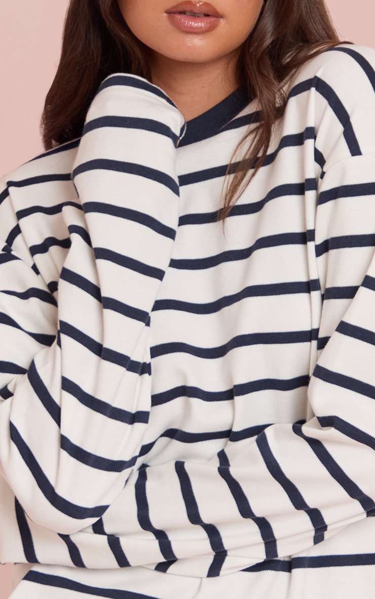 Navy Stripe Cotton Long Sleeve Boxy T Shirt  image 4