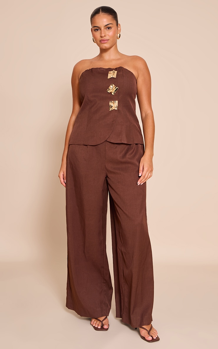 Plus Chocolate Woven Bandeau Trim Detail Straight Leg Jumpsuit image 1