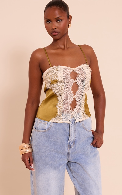Olive Satin Lace Panel Strappy Cami Top