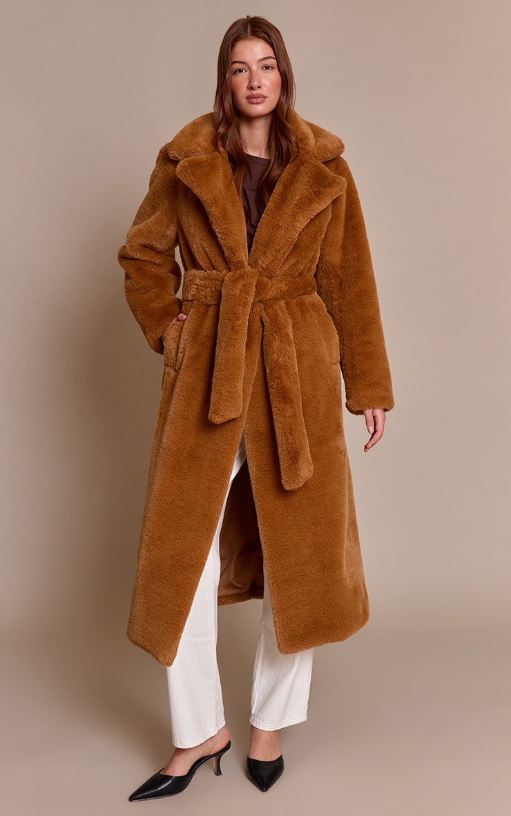 Camel Faux Fur Tie Waist Maxi Coat image 3