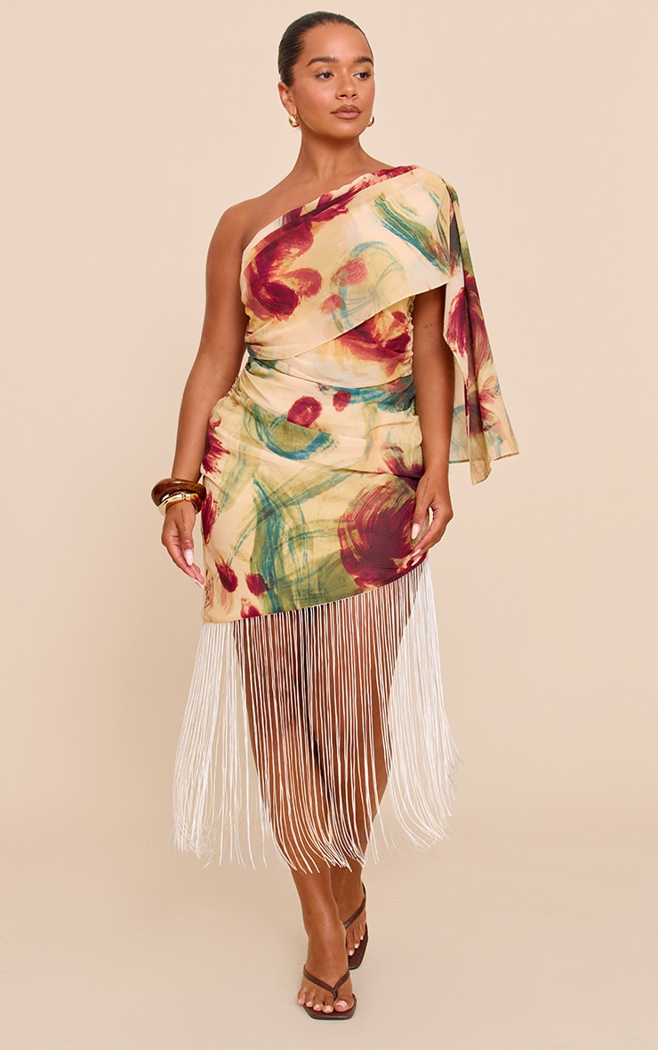 Shape Olive Abstract Print Fringe Hem One Shoulder Mini Dress image 1