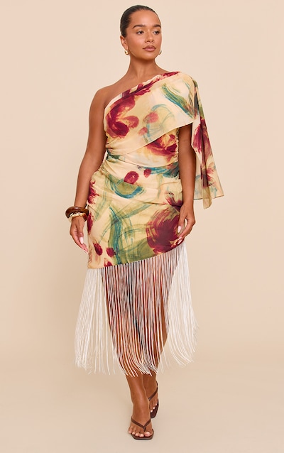 Shape Olive Abstract Print Fringe Hem One Shoulder Mini Dress