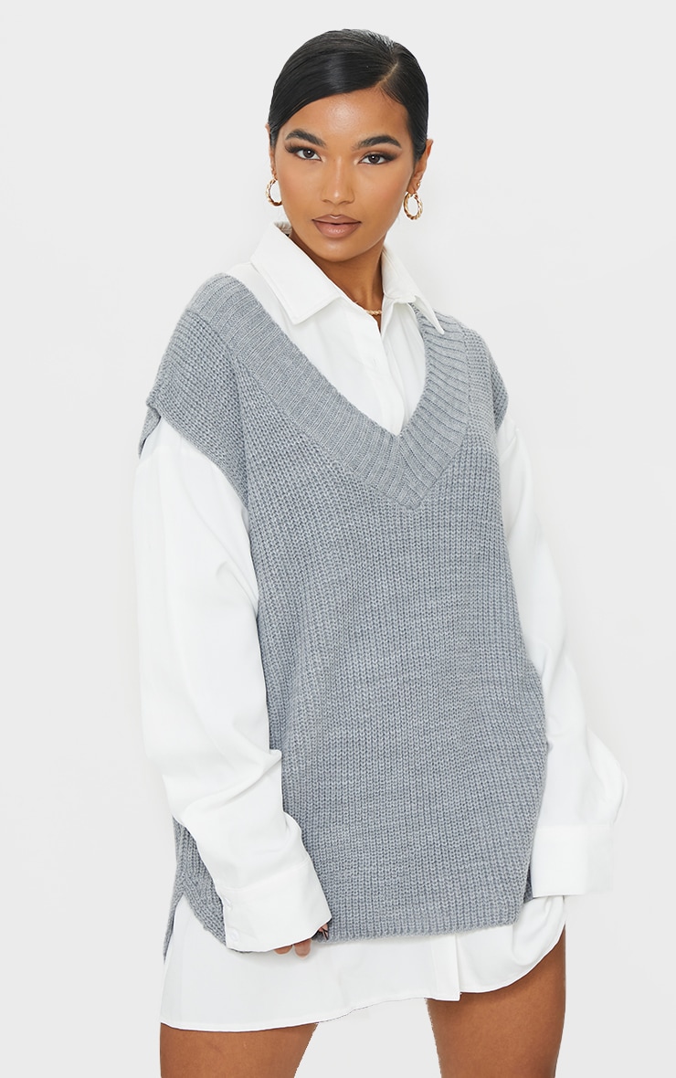 Grey V Neck Knitted Side Split Vest image 3