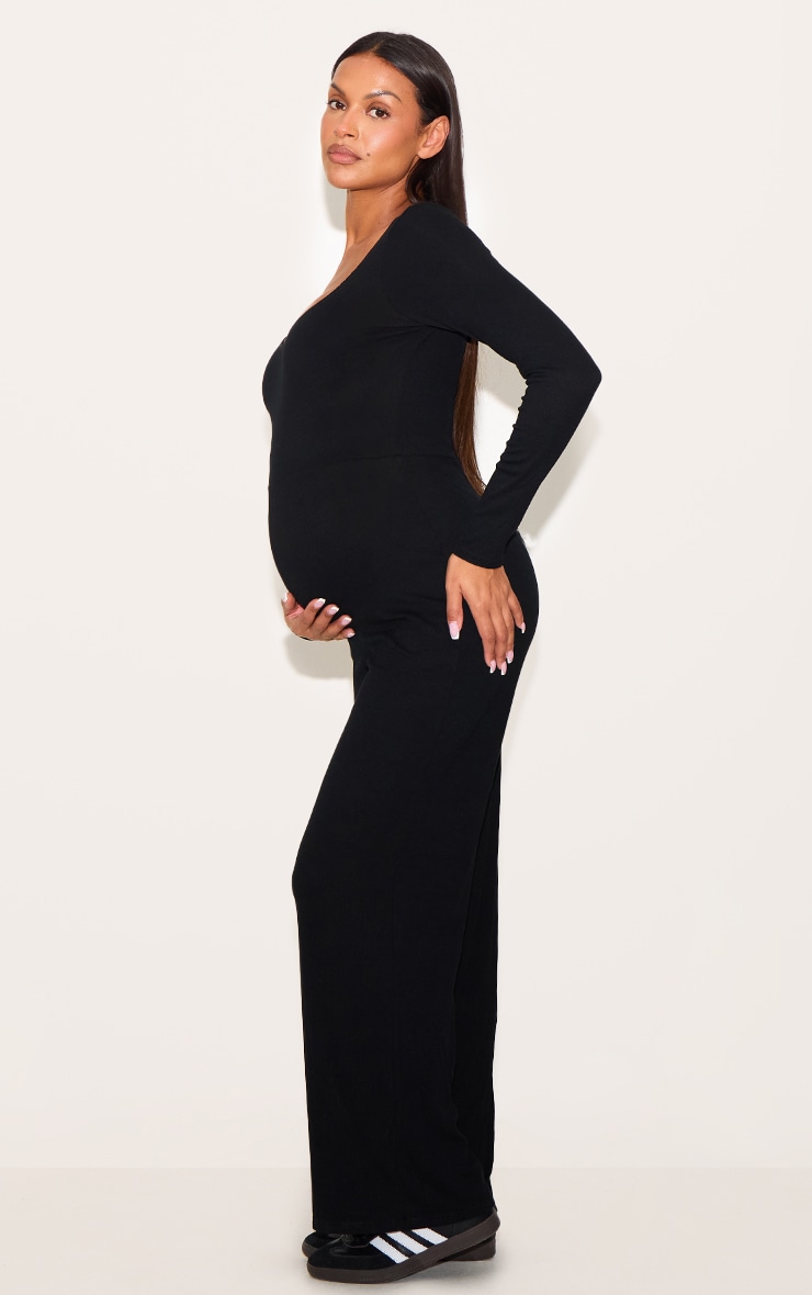 Maternity Black Rib Collar Detail Flare Leg Jumpsuit image 3