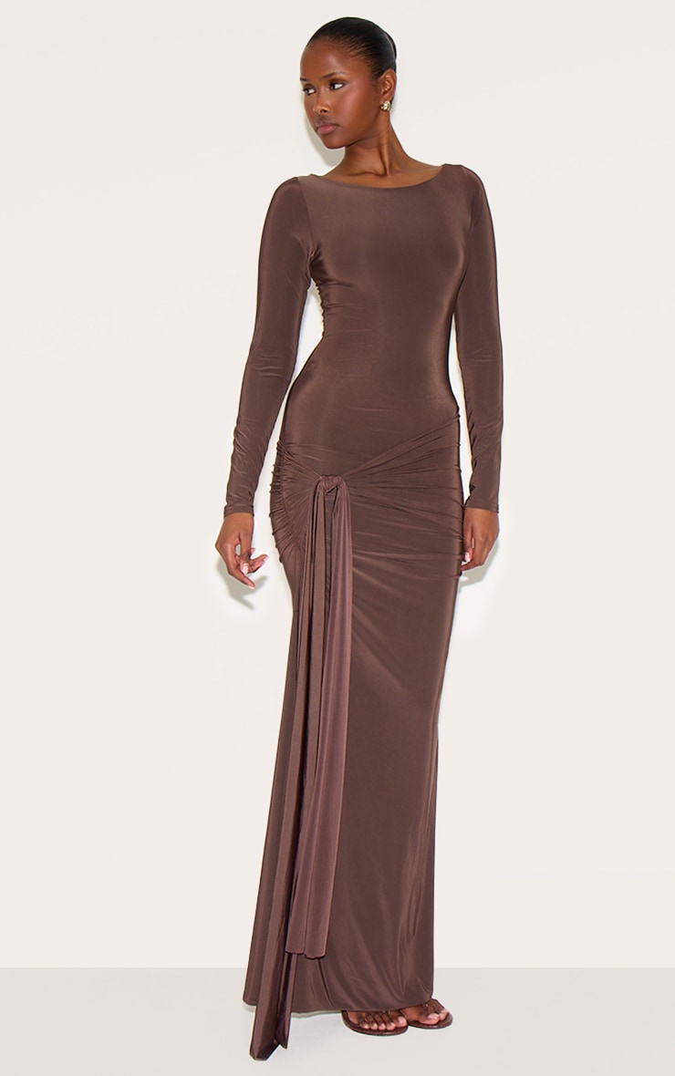 Chocolate Double Layer Slinkyy Drop Waist Knot Detail Maxi Dress image 4