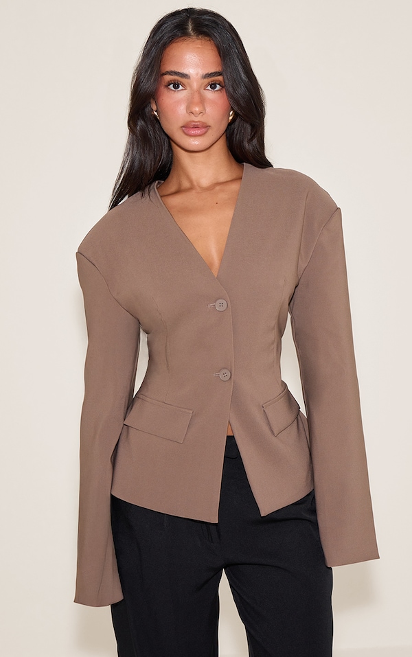 Petite Taupe Cinched Waist Drop Shoulder Blazer