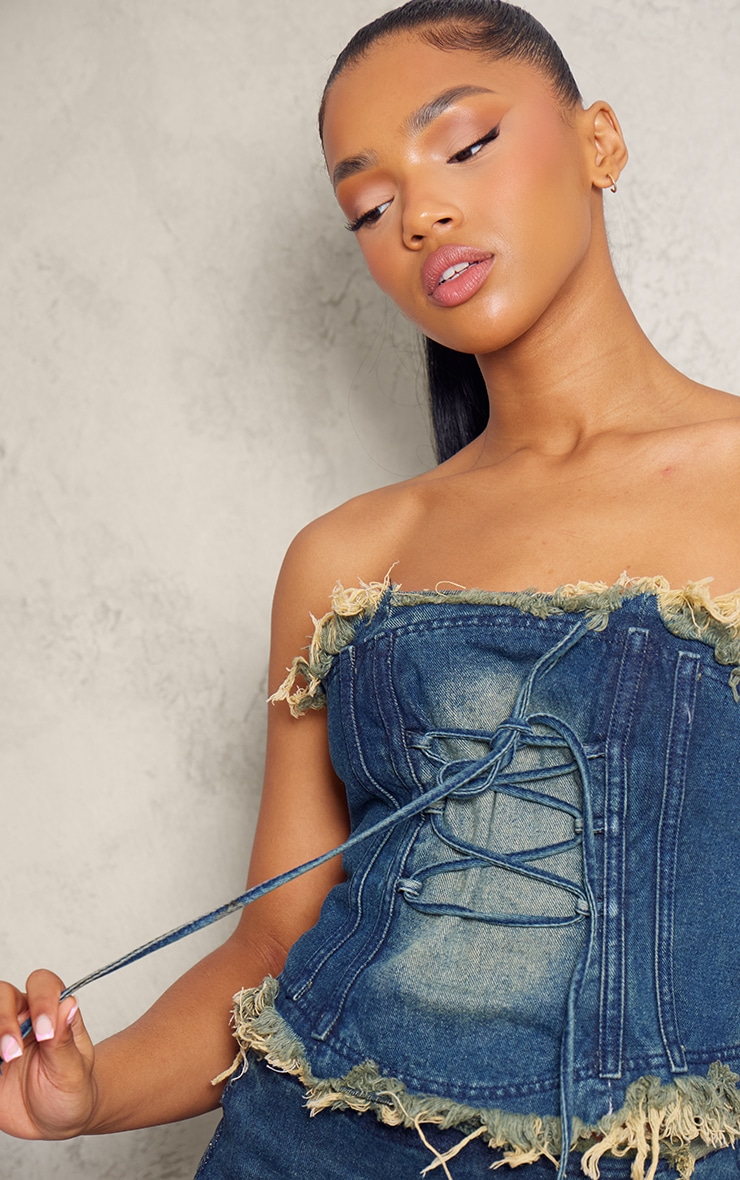 Vintage Blue Extreme Raw Edge Lace Up Denim Corset image 4