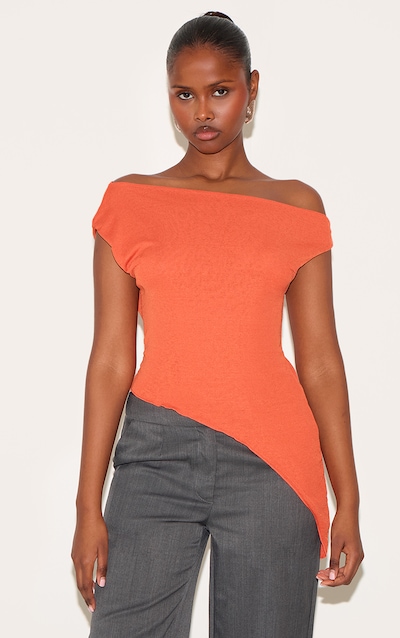 Top long asymétrique en mesh dévoré paprika