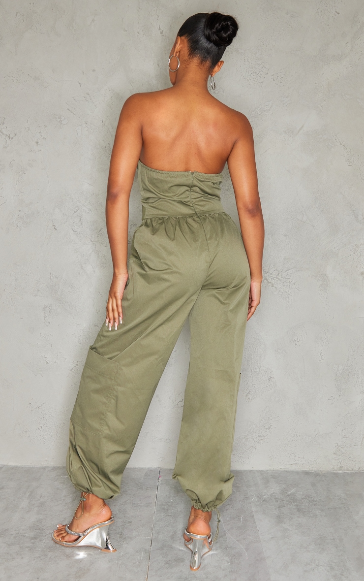 Khaki Contrast Panel V Bar Cargo Jumpsuit image 2