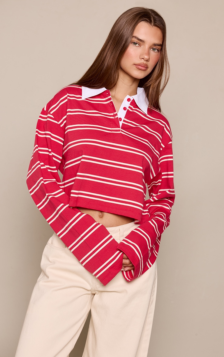 Red Stripped Cropped Collar Detail Long Sleeve T-Shirt
