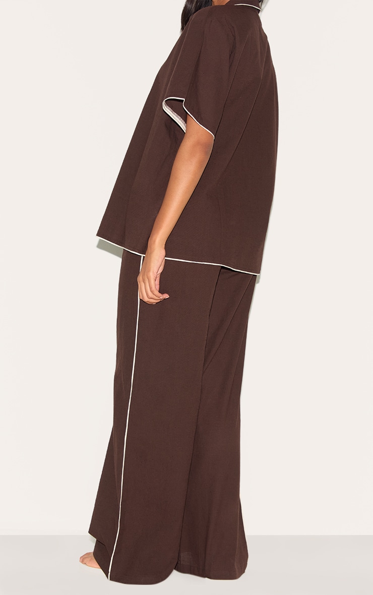 Dark Brown Linen Look Contrast Wide Leg Pants image 3