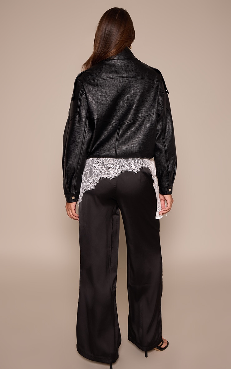 Black Lace Wrap Detail Satin Wide Leg Trousers image 3