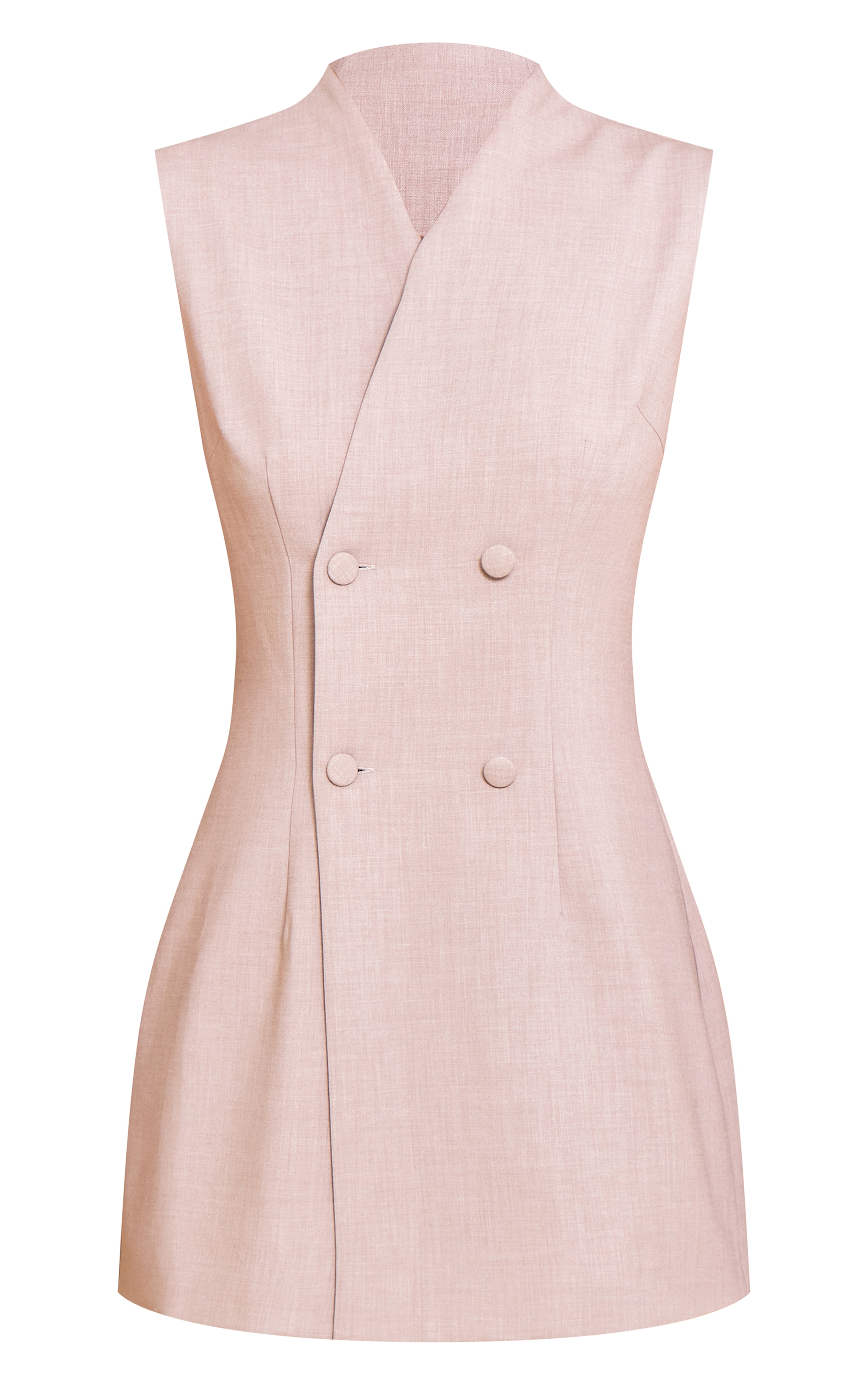 Sand Woven Collarless Button Mini Dress image 5