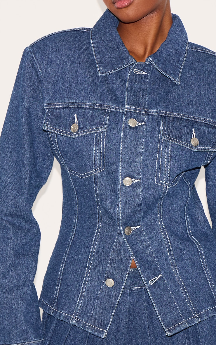 Dark Blue Shoulder Pad Cinch Waist Denim Trucker Jacket image 4