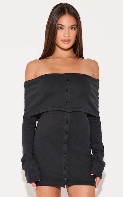 Mini robe côtelée noire à col bardot replié et boutons