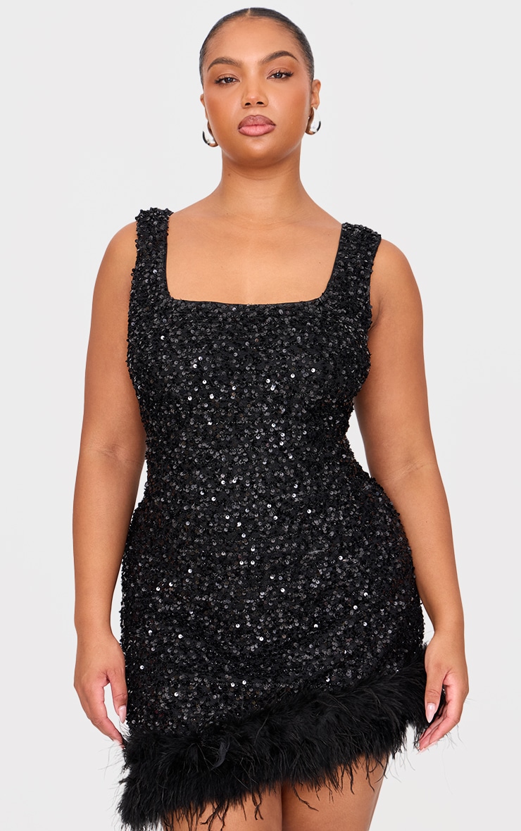 Plus Black Sequin Scoop Neck Feather Hem Shift Dress image 3