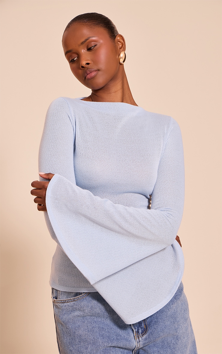 Sky Blue Textured Extreme Flute Sleeve Long Top image 4