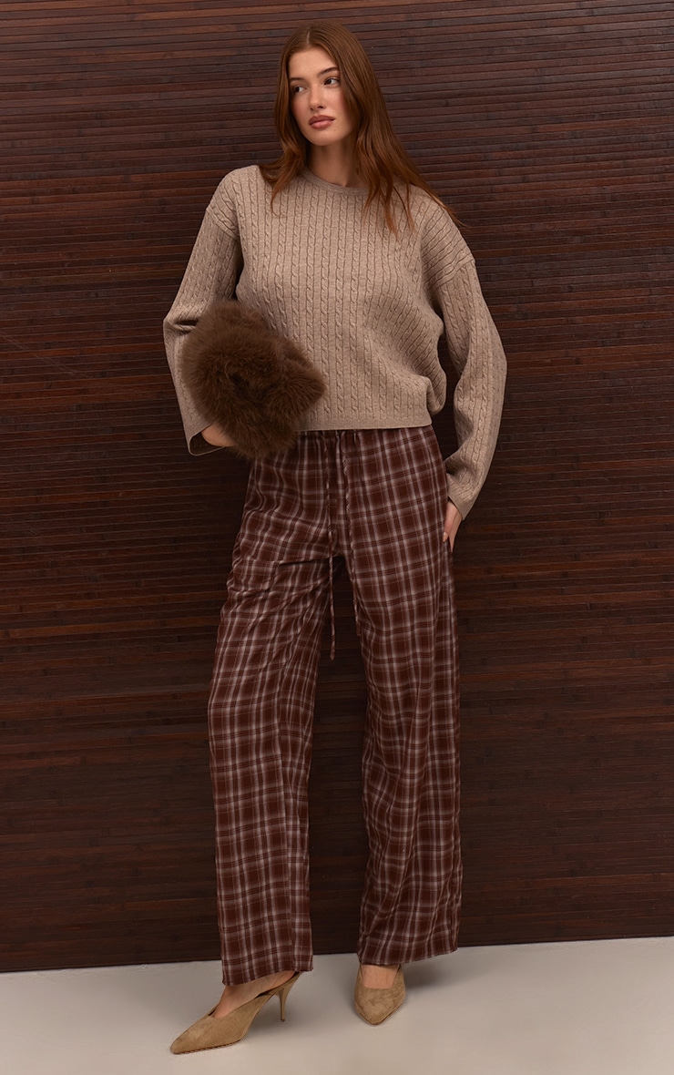 Brown Check Woven Drawstring Low Rise Relaxed Pants image 2