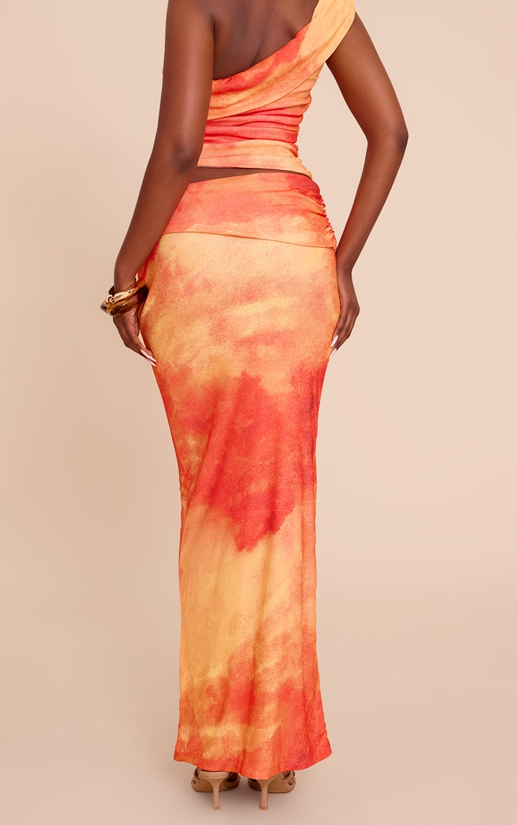 Orange Abstract Print Onion Skin Low Waist Maxi Skirt image 3