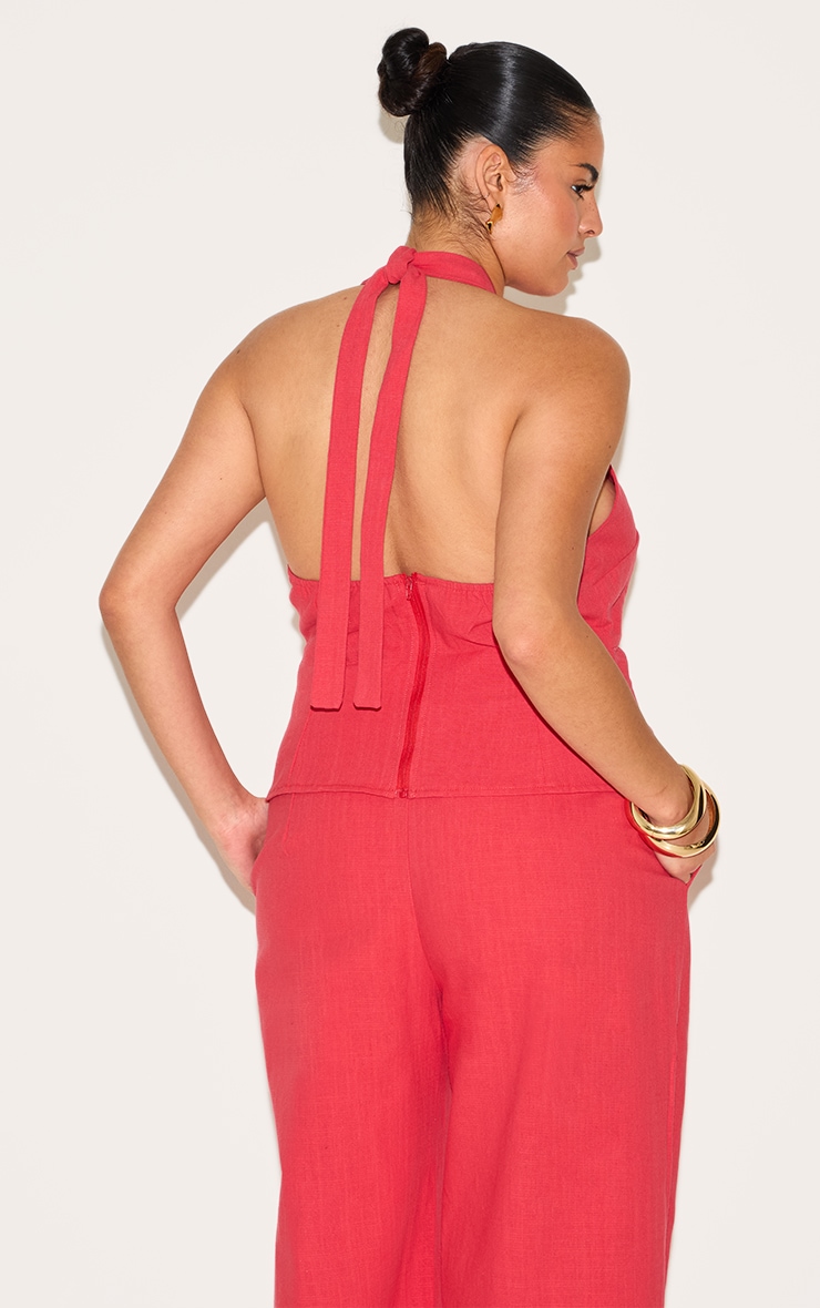 Plus Red Linen Twist Front Halter Neck Top image 2