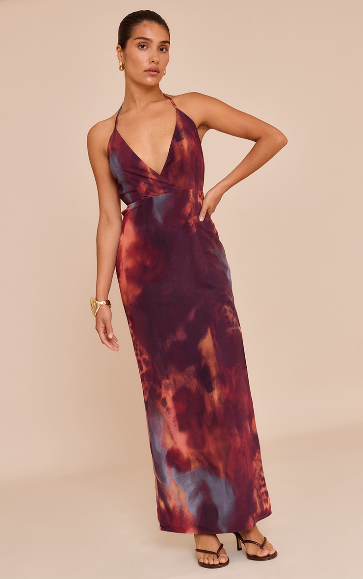Petite Rust Printed Halterneck Open Back Maxi Dress image 3